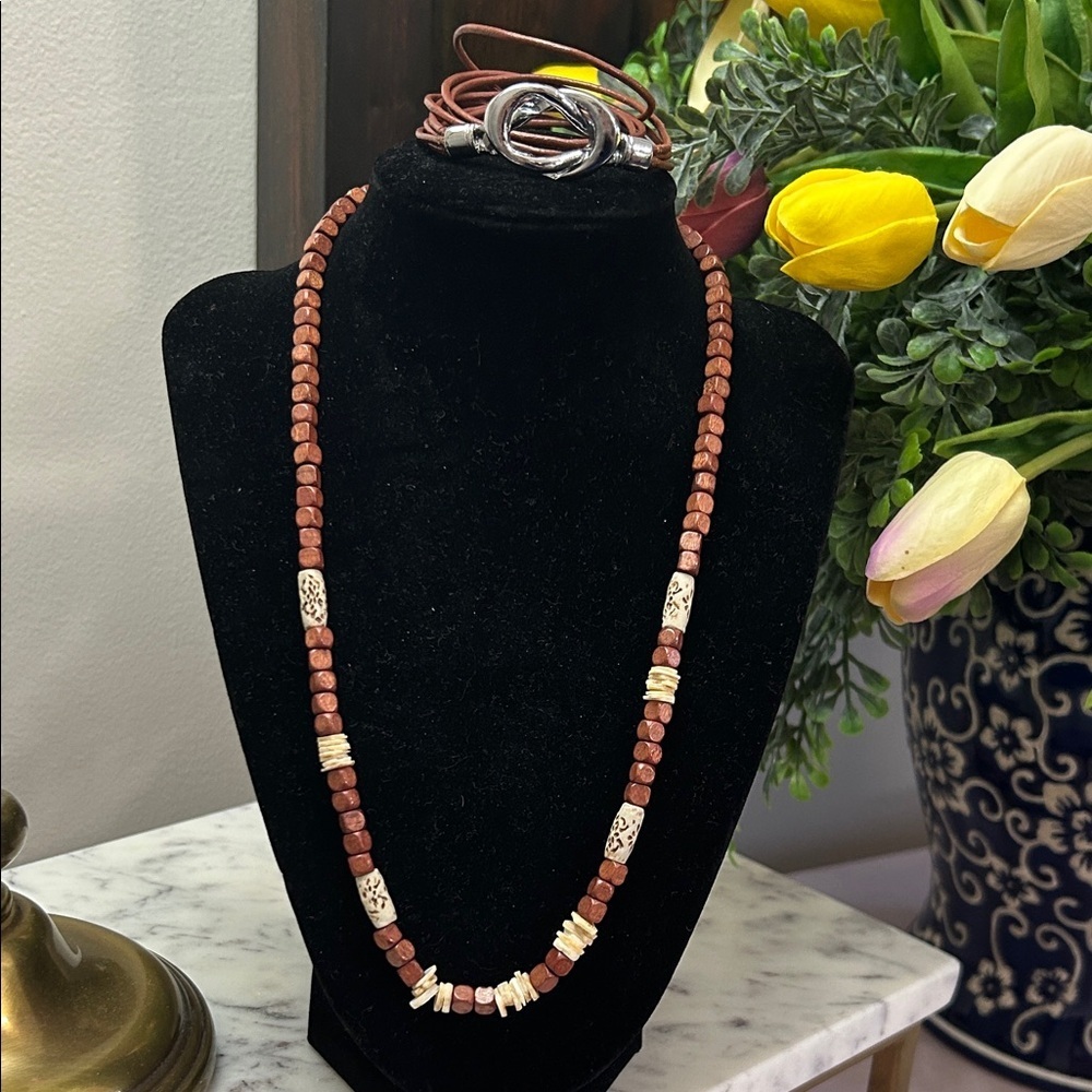 Beaded necklace and wrap bracelet.
